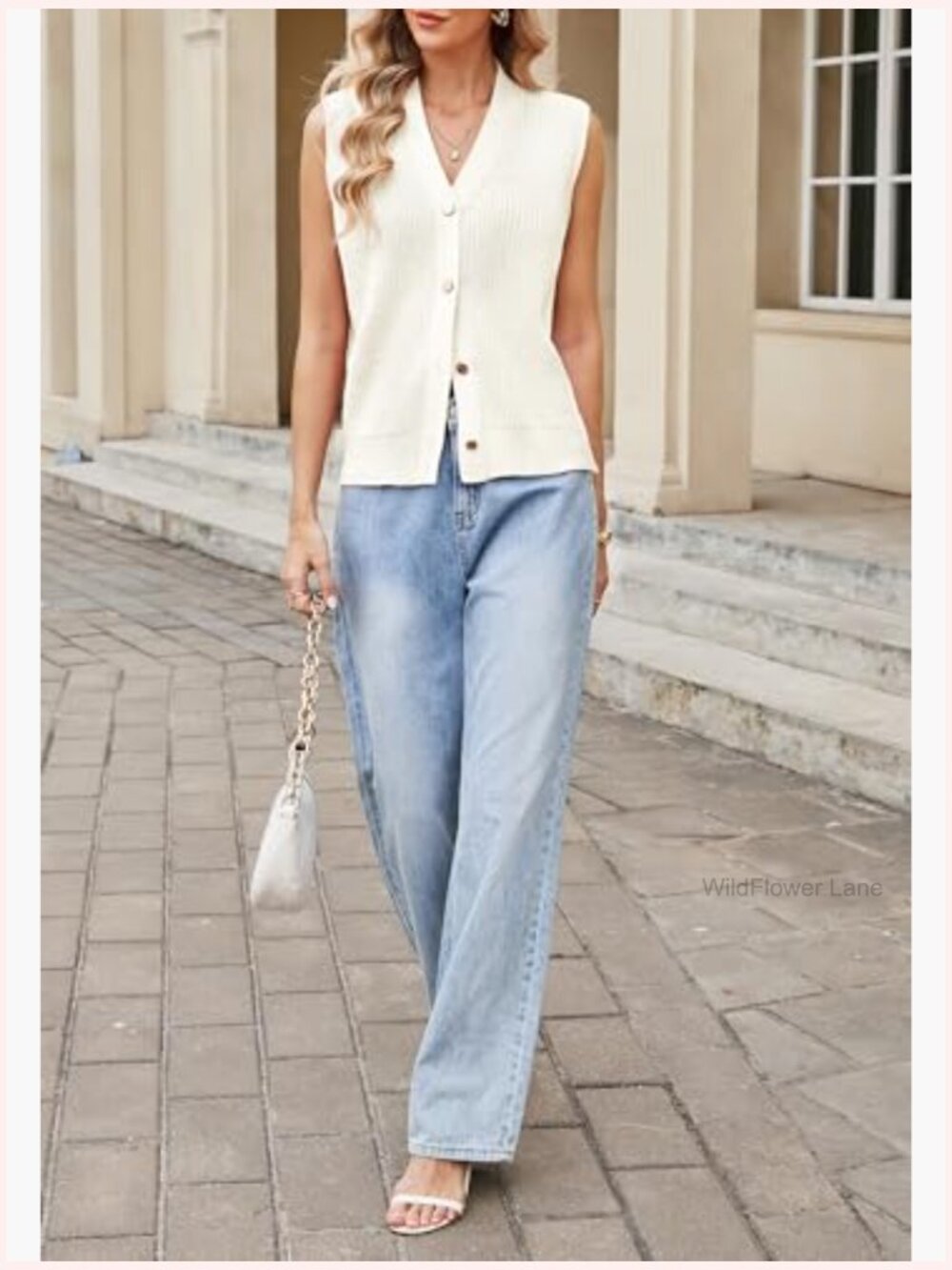 Sleeveless Knit Sweater Vest, Gold Button Cardigan, Summer Layering Top - Picture 5 of 7